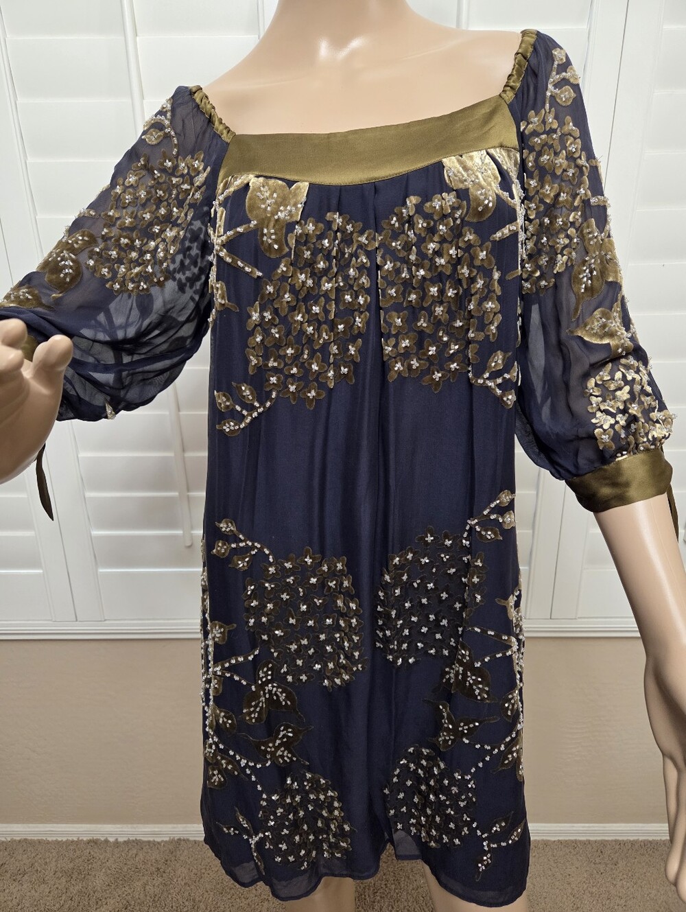 Hale Bob Navy Embellished Floral Bohemian Dress with Gold Accents SzS 100% Silk